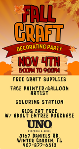 Pumpkin Decorating Party at UNO Pizzeria in Winter Garden November 4th.